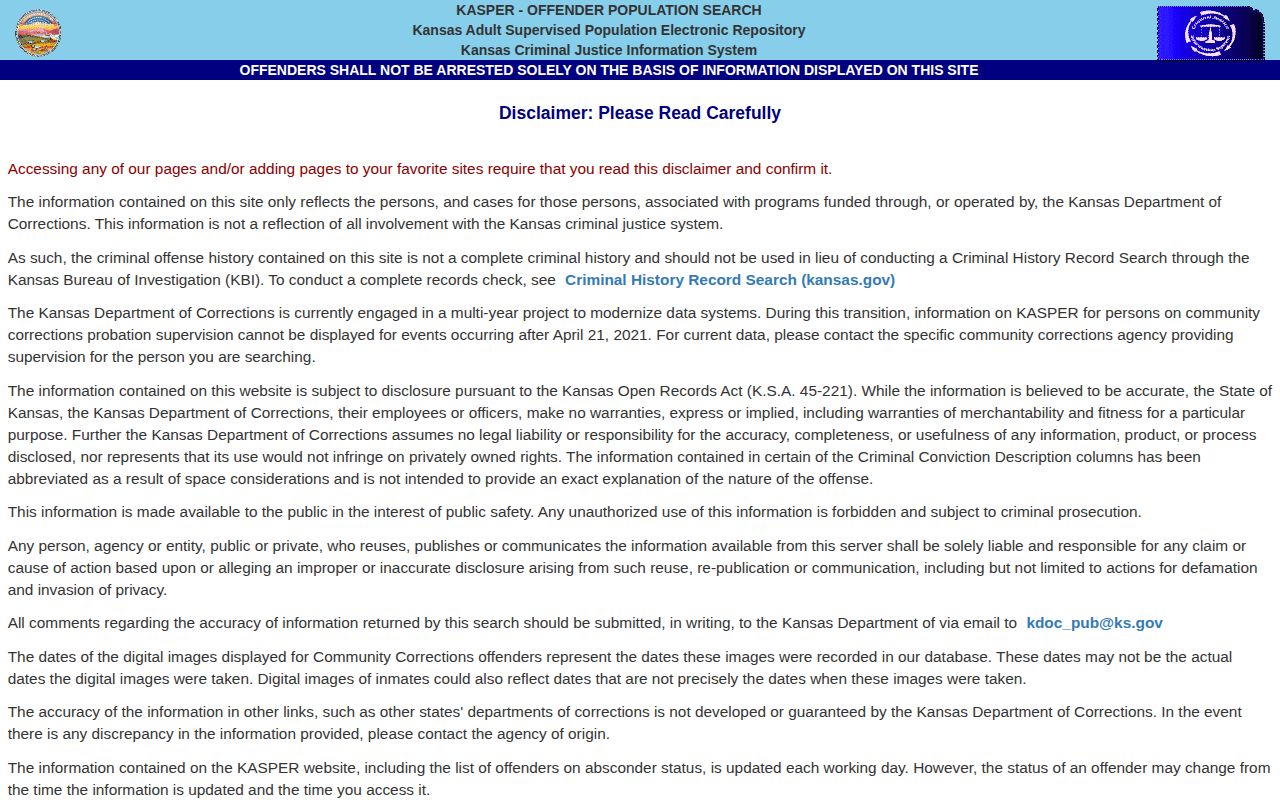 Kansas KASPER disclaimer and offender search entry page
