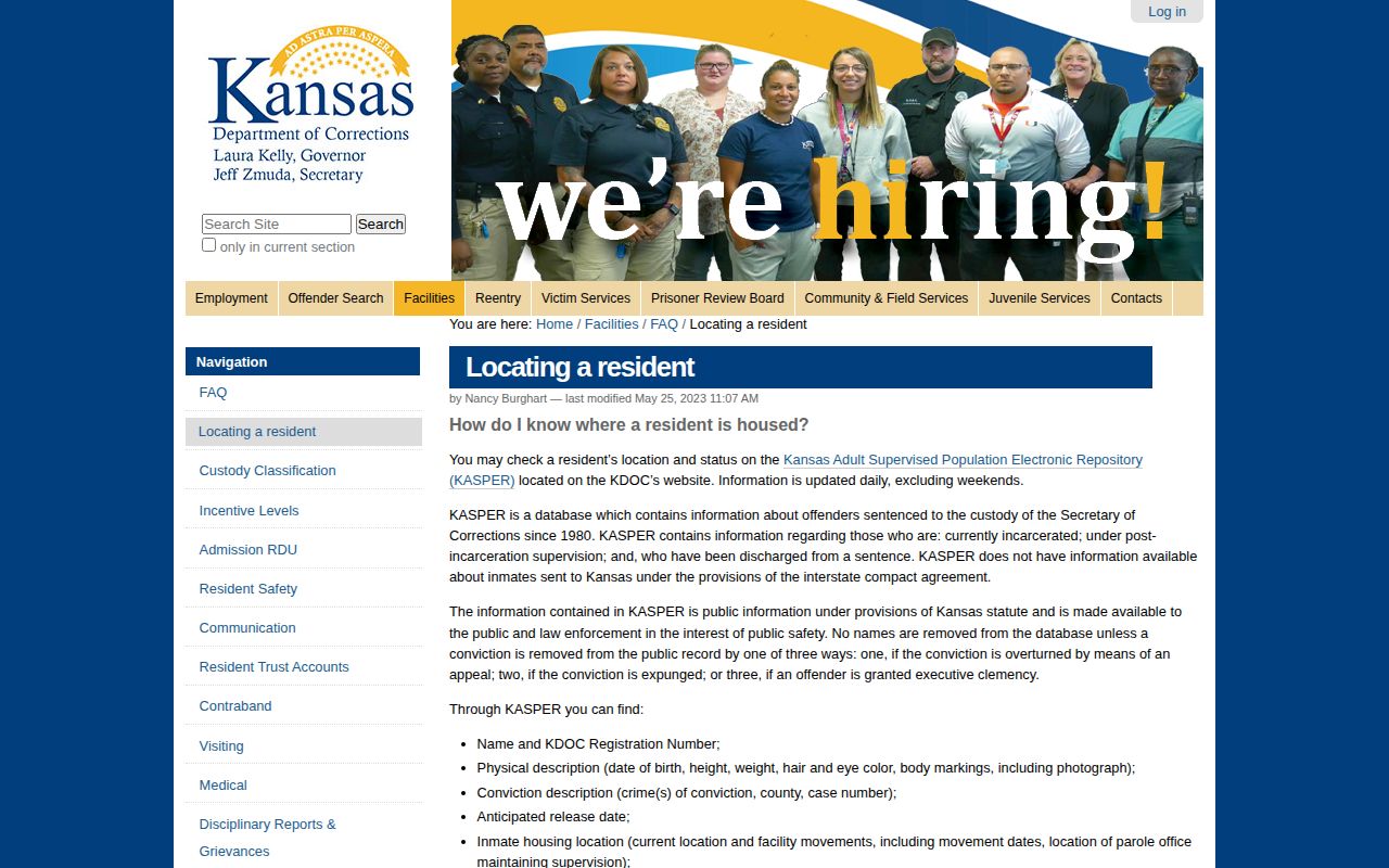 Kansas Department of Corrections locating a resident guide