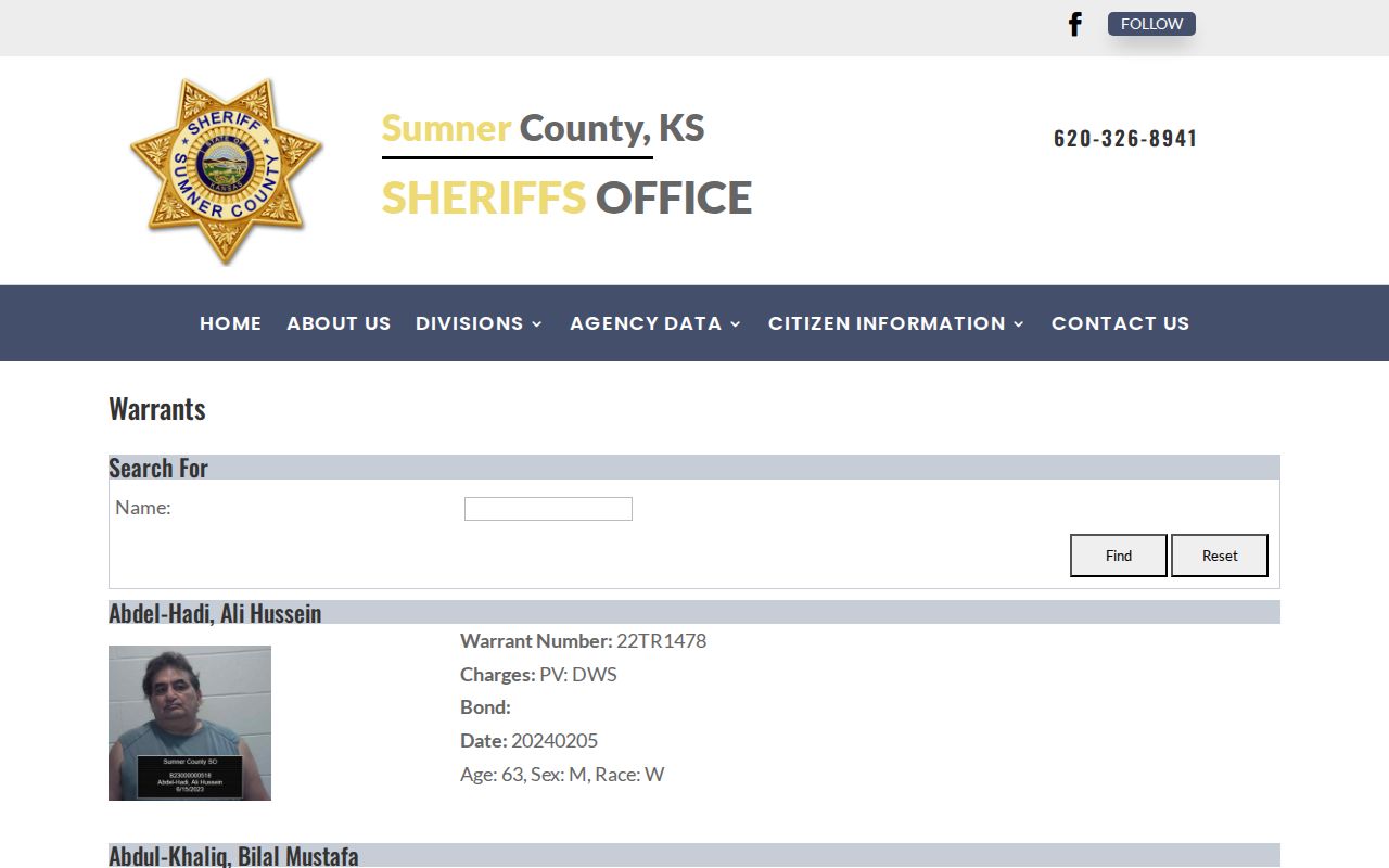 Sumner County Sheriff warrant search showing its separate image-based records
