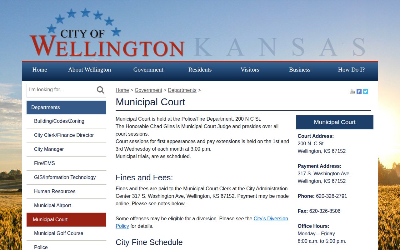 Wellington Kansas Municipal Court information page